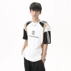 メンズTシャツsyuhgfaメンズショルダーパッドTシャツ夏のスポーツプレッピースタイルカジュアルティーオスルースコントラスト色のショートスリーブトップ2023