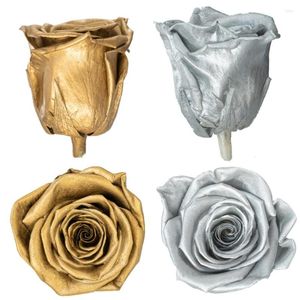Kwiaty dekoracyjne Zachowane złoto srebrna róża wieczna głowa Imortal Wedding Home Office Decor Decor Florist Flower Materiał