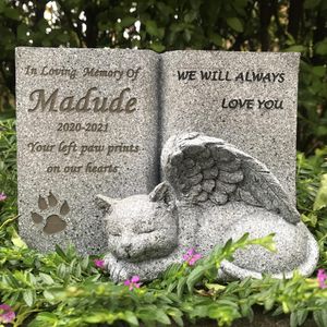 Lápides personalizadas gato anjo animal de estimação memorial marcador estátua de homenagem, pedra memorial do gato nome personalizável e data