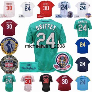 Mi208 Ken Griffey Jersey Vintage 1989 Weiß 1995 Grün 1997 2000 Nadelstreifen 2005 10. Red Mesh BP Blauer Pullover Black Navy Retirement Patch