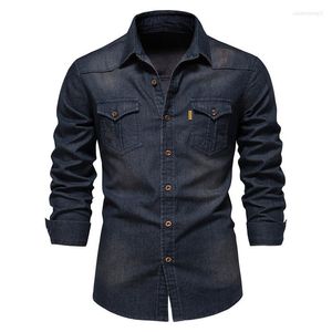 Camisas casuais masculinas luxuosas sólidas sem ferro manga comprida camisa jeans outono inverno elegante social para homens blusas roupas de alta qualidade