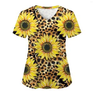 Kvinnors blusar solros kvinnors skjorta kort ärm v hals blommig tryckt topp ammade arbetsskjortor blus med fickor harjuku kvinna