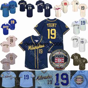 Mi208 Robin Yount Jersey Hall Of Fame Patch 1982 White Pinstripe Blue Mesh BP Cooperstown Cream Red Navy Player I II Salute to Service