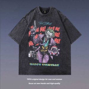 TKPA Joker Baskı Yıkama Eski Küçük Boyun Kısa Kollu T-Shirt Erkek ve Kadın High Street Yarım Kol Antika