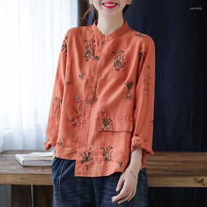 Blusa feminina de linho de algodão para roupas étnicas 2023 outono vintage casual camisa assimétrica botão solto estilo chinês top 11759