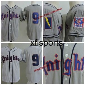 AXflsp chenGlaMitNess Cheap New # 9 York Knights The Natural White Movie Maglie cucite Camicie Roy Hobbs 1939 100th Baseball Centennial Patch
