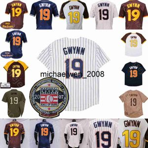 MI208 Tony Gwynn Jersey Vintage 2007 Hall of Fame Patch 1978 1982 Navy White Coffee Button Pinstripe Mesh BP Player Adand