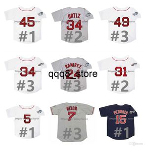 QQ88 Vintage David Ortiz 2004 World Series Baseball Jersey Manny Ramirez Jason Varitek Dustin Pedroia Trot Nixon Garciaparra Mike Lowro Pedro Martinez Tim Wakefie