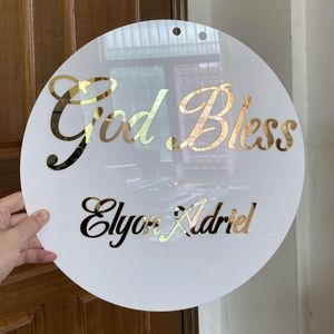 Party-Geschenk „God Bless“, rundes 3D-Acryl-Namensschild, Spiegel, Gold, personalisierter Hintergrund für Babyparty, Geburtstag, meine Erstkommunion, Taufe 230603