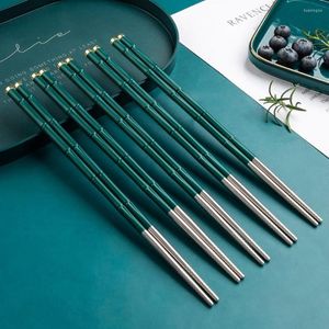 Chopsticks Green 10Pairs Bamboo Joint Shaped Anti-Slip 304 Stainless Steel High Temperat Korean Chinese Tableware Set