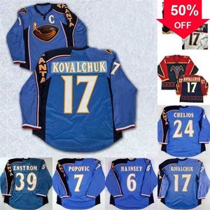 Mag 17 ILYA KOVALCHUK Camisa de hóquei Atlanta Thrashers Tobias Enstrom Chris Chelios Ron Hainsey Bobby Holik Marian Hossa Scott Mellanby Lehtonen