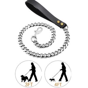 Leashes Stainless Steel Pet Silver Chain Dog Leash Leather Handle Portable Leash Rope Straps Puppy Dog Cat Training Slip Collar Supplies