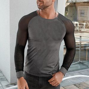 Men's T Shirts Fashion See Through Mesh Long Sleeve Patchwork Shirt Mens Slim O Neck Casual Tops Spring Summer Leisure Sports Tee