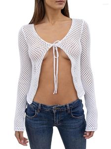 Kvinnors stickor Kvinnor Cutout Crochet Knit Top Long Sleeve Drawstring Hollow Open Front Shrug Cardigan Blus Cover Up