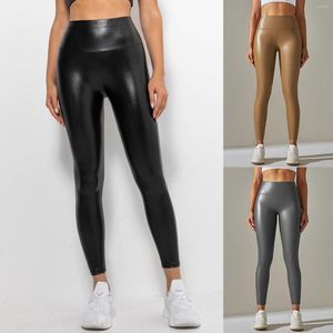 Calças ativas leggings de couro PU alto quadril apertado moda costura esportes corrida fitness ioga alta perna larga para mulheres