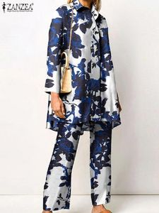 여자 2 피스 바지 여성 패션 스트리트웨어 라운지웨어 세트 정장 인쇄 긴 슬리브 블라우스 넓은 다리 팬지 팬지아 캐주얼 바지 세트 의상 대형 230603