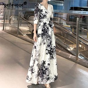 Vestidos Vintage Print V Neck Bandage High Tunic Party Fadies Dresses Fashion Summer Moda 3/4 Manga Elegante maxi Mulheres vestidos