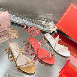 Blumen-Sandalen mit flachem Absatz Rene Caovilla Schlangenförmige Wicklung mit nackten Füßen Schuhdesigner Kristall-Strass-Stiletto-Absatz-Hausschuhe 35-43 Frauen Rom-Sandale