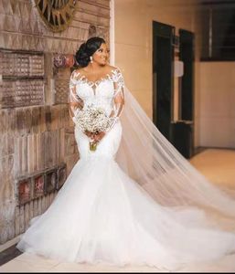 Plus Size Mermaid Wedding Dress Arabic Aso Ebi Sheer Neck Bride Dress Long Sleeves Sexy Bridal Gowns Dresses African Arabic Charming Train Formal Bridal Gowns 2023