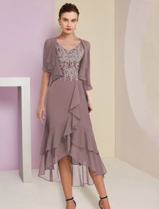 Two Piece A-Line Mother of the Bride Dress 2023 Wrap Included Elegant High Low V Neck Chiffon Lace Dusk Wedding Guest Party Gowns