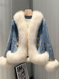 Kot kbat kış sahte tilki kürk deri ceket kısa kot palto kadınlar gevşek motosiklet ceketleri kadın sokak giysisi büyük boy ceket