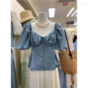 Kvinnorjackor Korea Square Neck Off Axel Single Breasted Denim Short Shirt Women 2023 Style Top