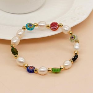 Link Bracelets Go2boho In Coloured Glaze Glass Freshwater Pearls Gold Bead Stretch Women Boho Summer Fashion Jewelry GIft For Her