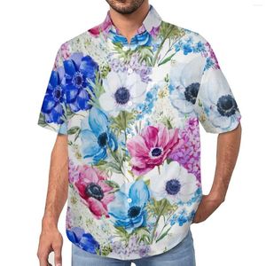 Men's Casual Shirts Watercolor Flower Midnight Blue Purple Floral Vacation Shirt Hawaii Stylish Blouses Male Print Plus Size