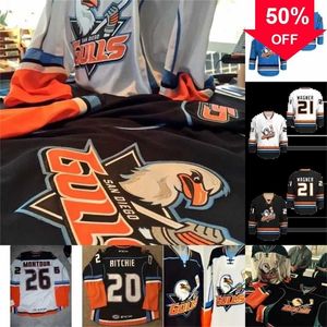 Mag A3740 San Diego Gulls Jersey 21 Wagner 4 Thompson 20 Ritchie 5 Pettersson 15 Sorensen 19 Hults Abbott AHL Hockey Jerseys Orange Black White