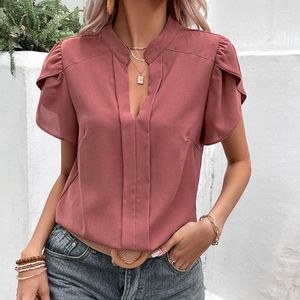 Kvinnors blusar 2023 Summer Chiffon Blue V-Neck Red Shirt Women's Top Woman Solid Casual For Women Elegant Clothing 27124