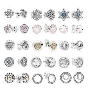 925 Silver Fit Pandora Earrings Snowflake أقراط ، أربع أعشاب من أوراق ، نمط chrysanthemum ، سلسلة حب على طراز الأزياء المجوهرات المجوهرات