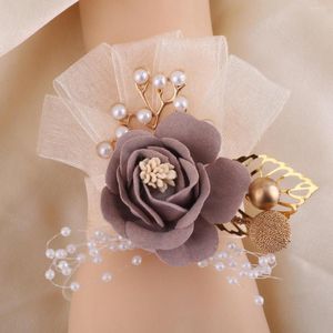 Decorative Flowers Wedding Wrist Flower Mariage Artificial Bride Bridesmaid Decoration Accessories Pearl Gold Leaf Supplies