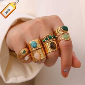 Hot Selling Ins Style Open Size Natural Stones Rings for Lady Waterproof 18K Gold Plated Stainless Steel Rings Fashion Jewelry