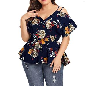 Damenblusen Plus Size 5XL Frauen Tops mit Blumendruck und sexy schulterfreies Tunika-Shirt Sommer Kurzarm Boho Damen Blusas