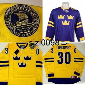 SJ98 Erkekler #30 Henrik Lundqvist El Boyalı İsveç Jersey Sarı Mor% 100 Dikişli Nakış S hokey Formaları