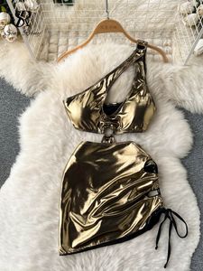 Женские комбинезоны Dompers Singleiny Hollow Out Sexy Women Sexy Wise off Ploudter Halter Bodysuitsdrawstring оболочка мини -юбка Мода Лето Две штуки подходит 230603