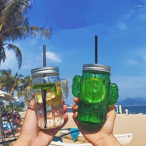 Water Bottles 500ml Summer Cute Cactus Bottle Glass Cup Transparent Drinking Milk Coffee Straw Beer Cola Juice Cold Drinkware