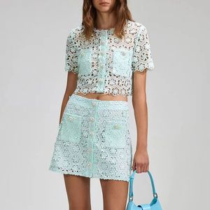 2023 Designer Two Piece Light Green French Hollow Lace Embroidery Top with Half Skirt Set for Summer