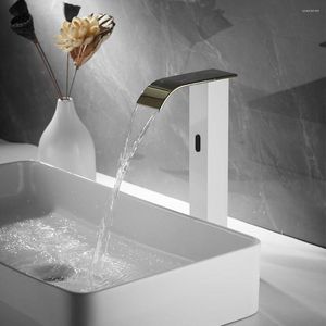 Bathroom Sink Faucets Smart Sensor Waterfall Basin White&Gold Automatic Faucet 2023 Arrival Touchless Cold