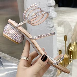 Yüksek topuklu sandaletler dişi strass ayakkabıları ayak bileği sarılı gao xi düğün kristal elmas kaplı yılan lüks tasarımcı ziyafet moda 9.5cm rc cleo rene caovilla 43