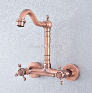 Bathroom Sink Faucets Antique Red Copper Brass Double Cross Handles Swivel Spout Kitchen Tub Faucet Mixer Water Taps Tsf861