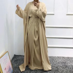 Dress 3 Piece Matching Set Women Muslim Linene Dubai Arabic Modest Outfit Plain Kimono Open Abaya Maxi Dress Wrap Front Skirt Long Eid