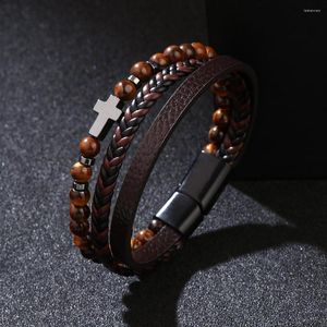 Charm Bracelets Fashion Tiger Eye Beaded Cool Leather Bracelet Men Multi Layer For Jewelry