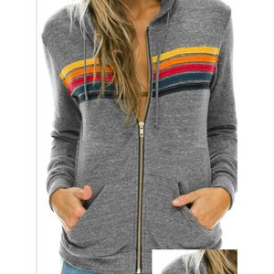 Kadın Hoodies Sweatshirts Bayan Kadın Moda Hoodie Büyük boy Gökkuşağı Stripe Uzun Kollu Sweatshirt Fermuarı Cep Katlı Ceket DHY7K