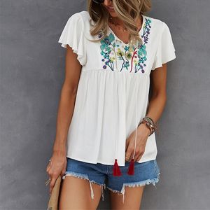 Camisas Branco Bordado Plissado Camiseta Verão Mulheres Flor Bordado V Pescoço Manga Curta Senhoras Casual Borla Tops Tees