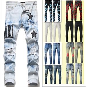 AM Designer Jeans Mens Skinny Jeans Desig 55 Colors Pants Long Hippop Sticker Embroidery Slim Denim Streatwear Skinny Pants Wholesale 29-38