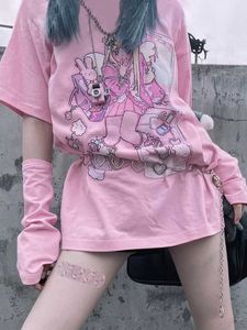 Kvinnors t-shirt Deeptown Summer Kawaii Girl For Women Anime Harajuku Graphic Tee Top Streetwear Cute Print T-shirt Loose Pink Dress P230603