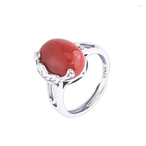 Cluster Rings JZ380ZfSilver Thai Silver 925 Fashion Elegant Luxury Hetian Jade South Red Agate Lotus Oval Ring for Women Wedding Party