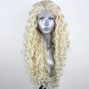 Kvinna blondinerade syntetiska spetsar för kvinnor kinky lockig peruk naturlig hårfäste blond peruk fritt del cosplay peruker hög temperatur 230524