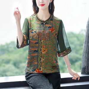 Kvinnors blusar 2023 High-end imiterade sidenblus för kvinnor retro kinesiska spänne tryckt doftande molngarn-knappskjorta kvinnlig camisa